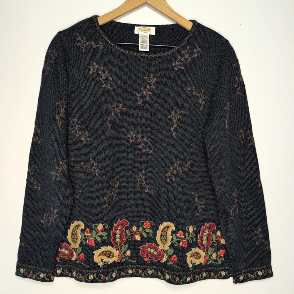 Talbots Womens Sweater M Black Paisley Floral Embroidery Long Sleeve Crew Neck
